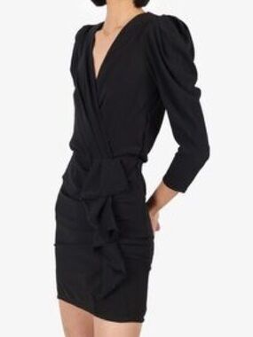 ba&sh Black V-Neck Puff-Sleeve Mini Dress with Waist Ruffle Detail